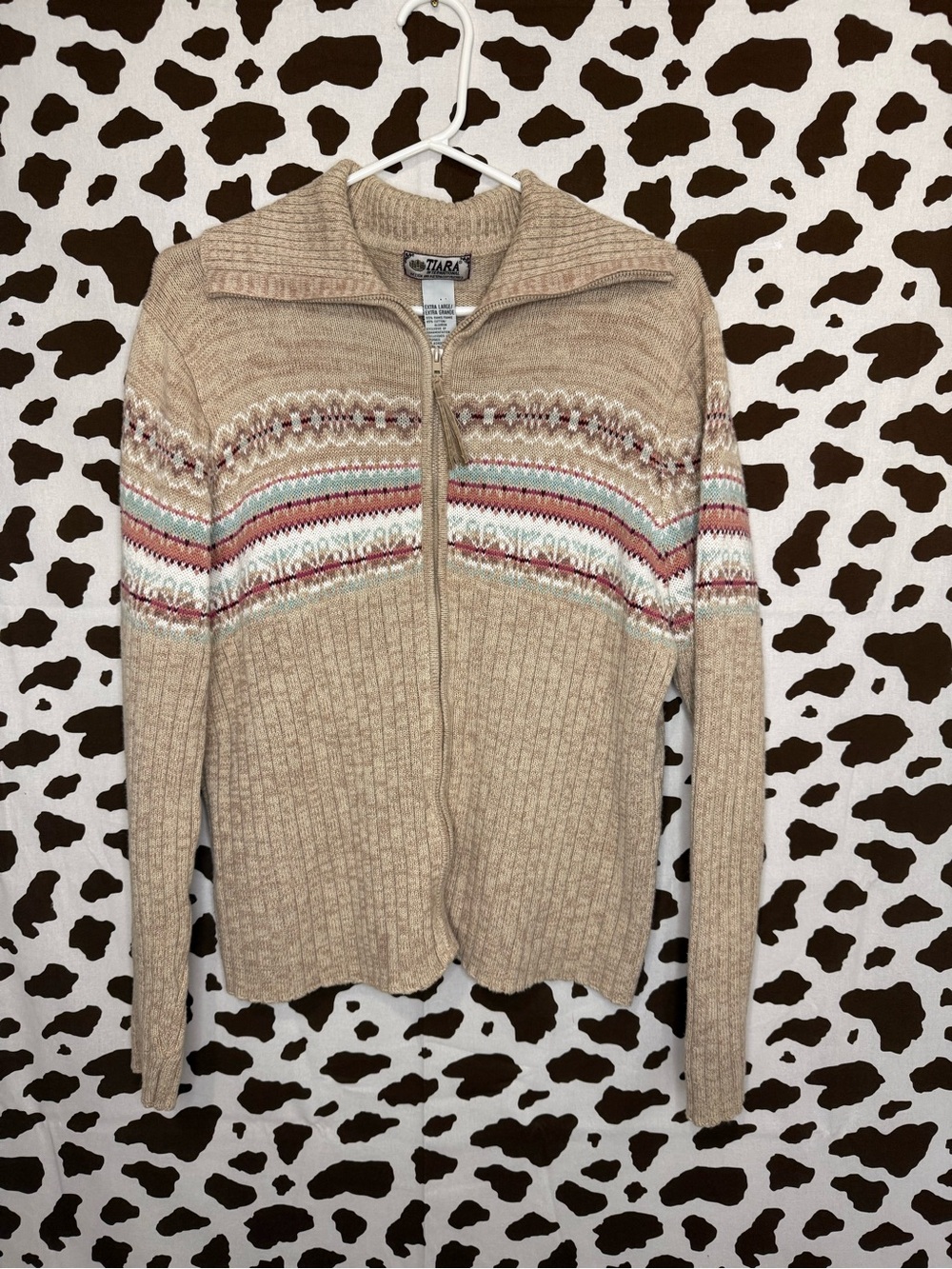 TIARA International Women's XL Fair Isle Full Zip Collared Knit Cardigan Sweater